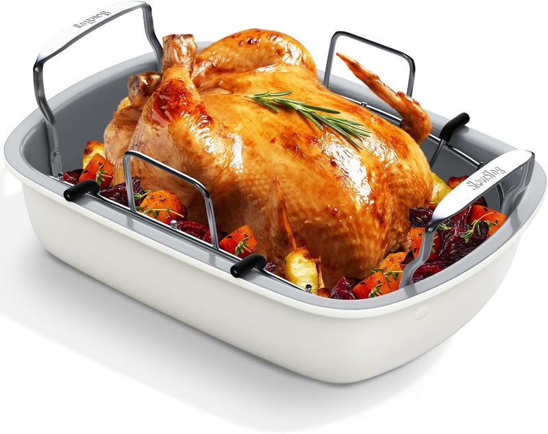 Slow Slog Nonstick Turkey Roasting Pan with Rack, 17 x 13 Inch Turkey Pan, large roaster pan for Meat & Vegetable, White - Image 1